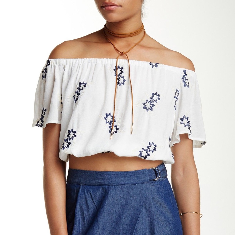 ASTR Embroidered Floral Off the Shoulder Crop Top